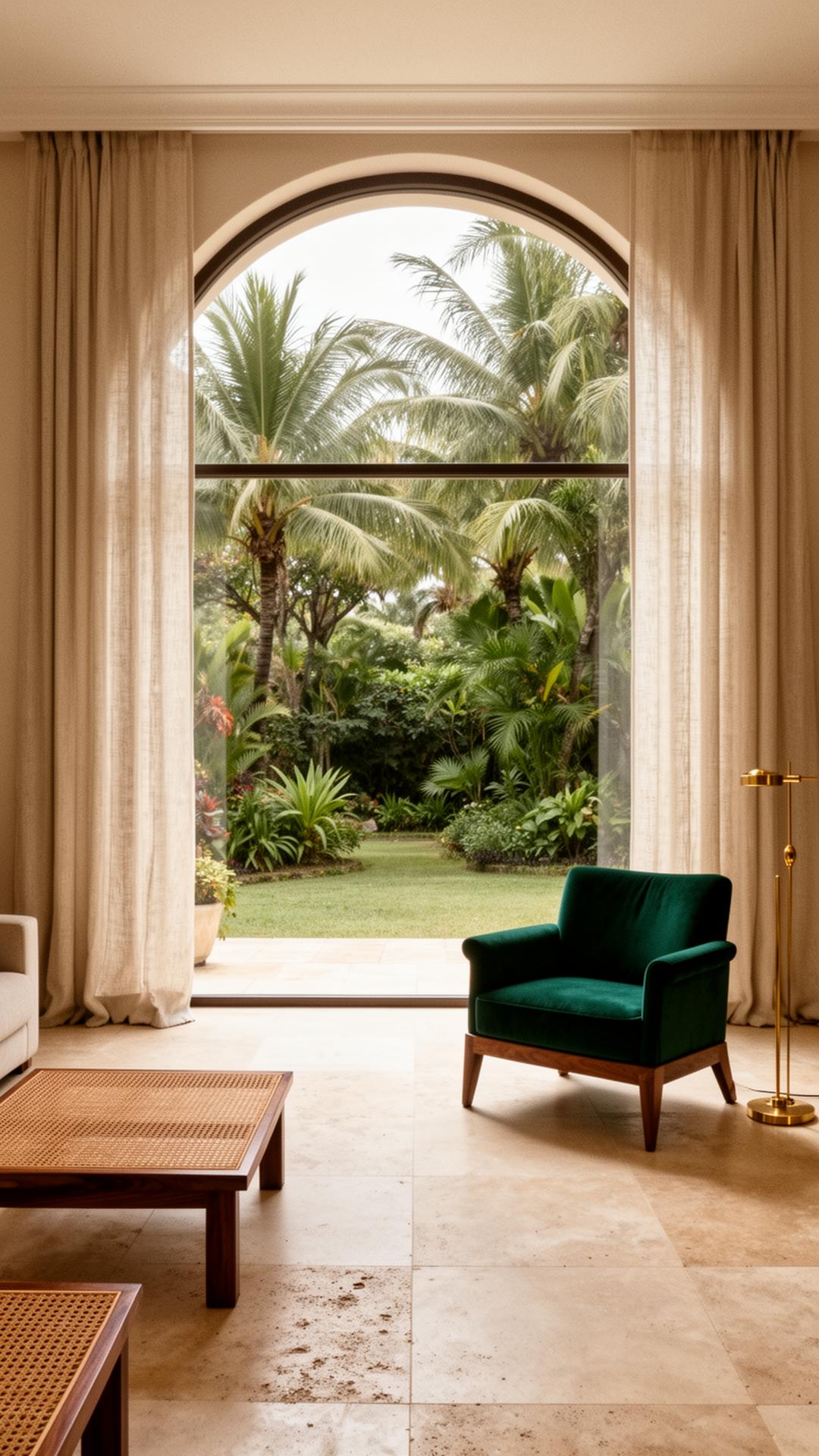 Intérieur d'une villa mauricienne avec arche et fauteuil vert profond